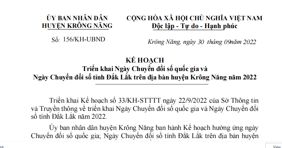 Kế hoạch Triển khai Ngày Chuyển đổi số quốc gia và  Ngày Chuyển đổi số tỉnh Đắk Lắk trên địa bàn huyện Krông Năng năm 2022
